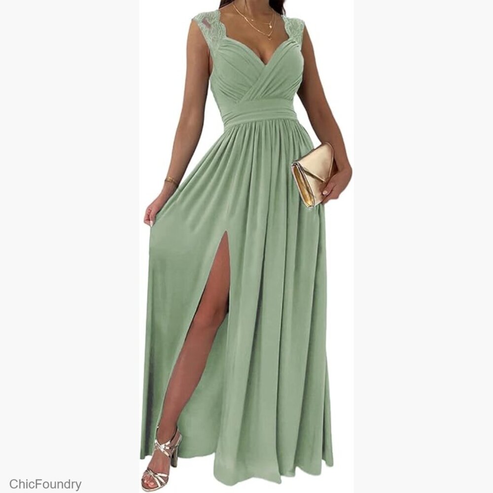 Wrap V-Neck Ruched Formal Maxi Dress for Wedding Guest Bridesmaid